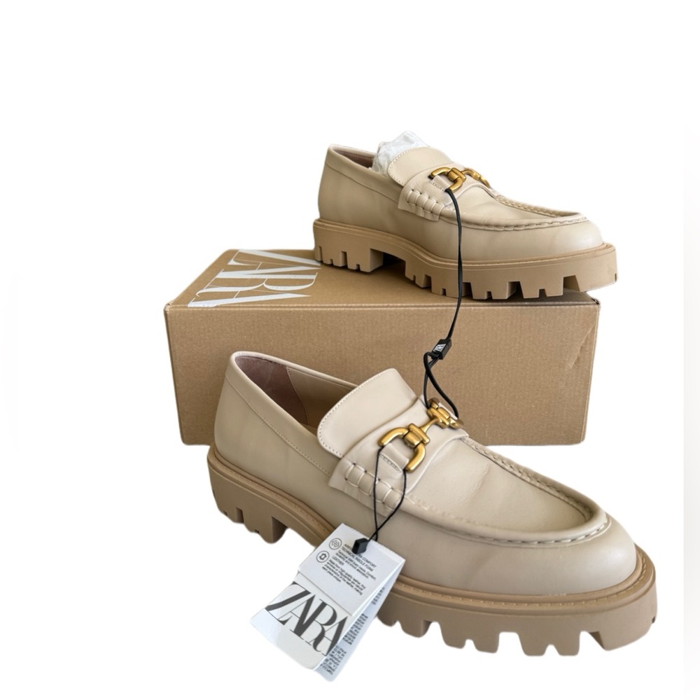 Buckle leather lug sole loafers, cream, Zara size 10